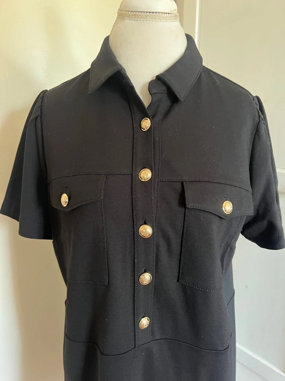 NWT LOFT Outlet Mod Black Ponte Utility Shirt Dress Gold Buttons Size 14 - Picture 3 of 8